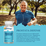 Ein älterer Mann joggt im Park, trägt blaue Sportkleidung und Ohrhörer. Links ist eine Flasche Solaray Prostate Defense abgebildet mit Inhaltsstoffen.