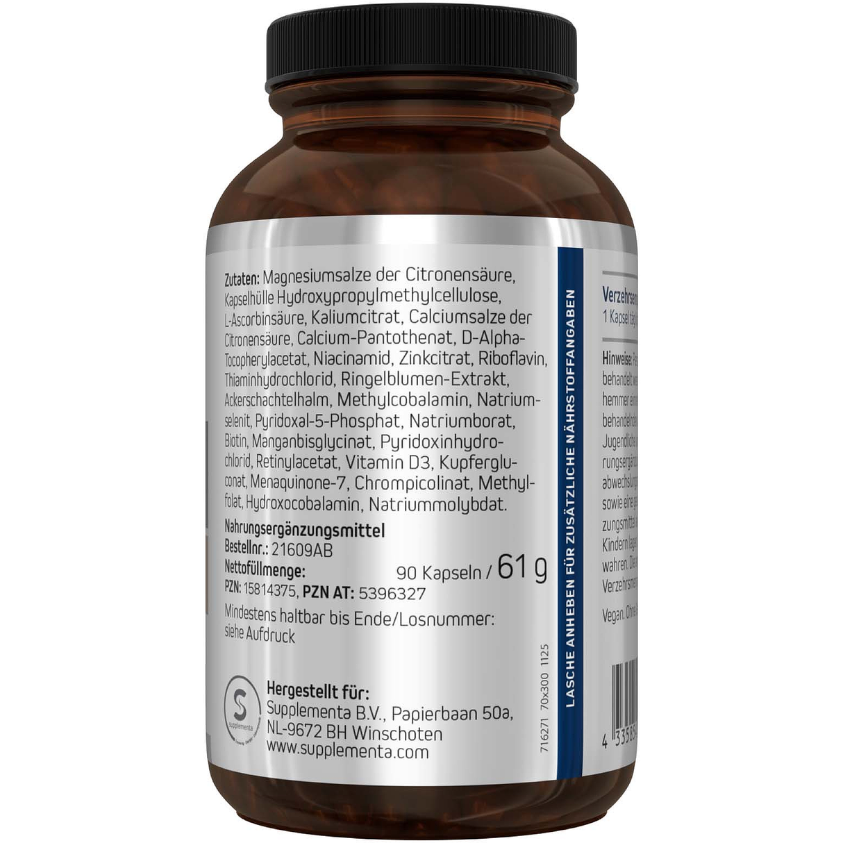 Weiße Flasche mit der Aufschrift 'MULTIKOMPLEX', enthält Nahrungsergänzungsmittel mit Vitaminen und Mineralstoffen. 90 Kapseln, vegan, non-GMO.