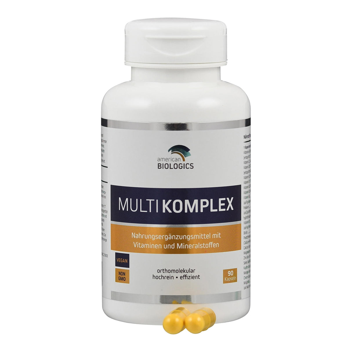 Weiße Flasche mit der Aufschrift 'MULTIKOMPLEX', enthält Nahrungsergänzungsmittel mit Vitaminen und Mineralstoffen. 90 Kapseln, vegan, non-GMO.
