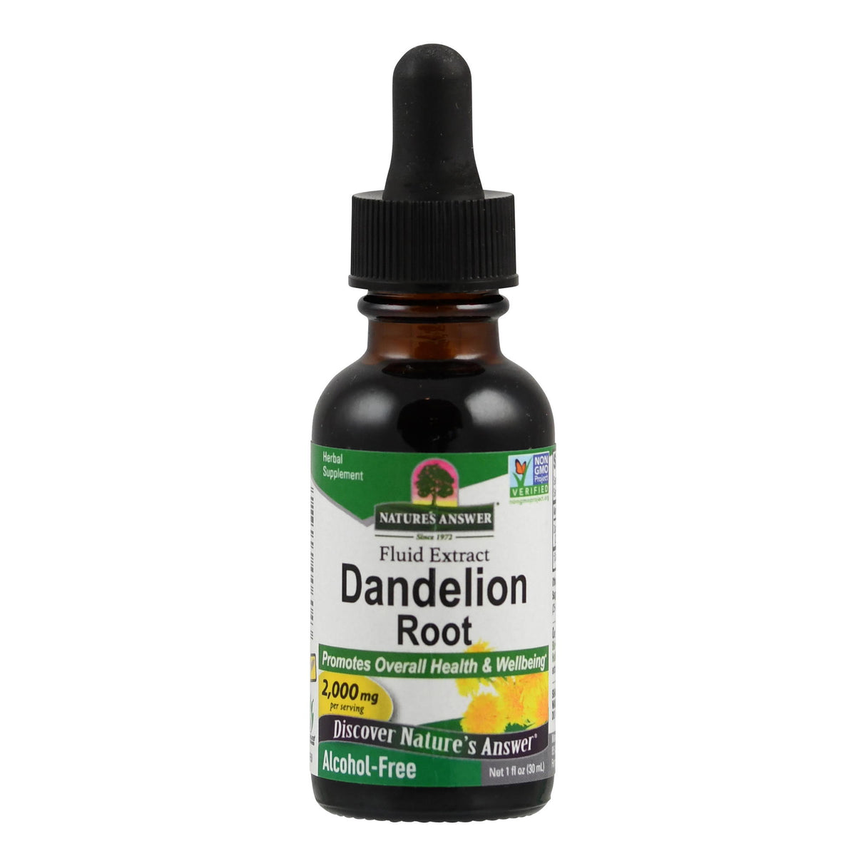 Eine Flasche mit Pipette, die "Nature's Answer Dandelion Root Fluid Extract" zeigt. Das Etikett ist grün und weiß, mit Informationen zu Inhalt und Nutzen. Die Flasche enthält 30 ml und ist alkoholfrei. Sie ist für die Förderung der Gesundheit und des Wohlbefindens gedacht.