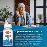 Eine ältere Frau mit langen grauen Haaren sitzt lächelnd auf einem Sofa in einem modernen Wohnzimmer. Sie hält einen grünen Apfel in der rechten Hand. Neben ihr steht eine weiße Vase mit Eukalyptusblättern. Im Vordergrund ist eine Produktverpackung von KAL Liposomal D-3 zu sehen. Der Text auf dem Bild beschreibt die Vorteile von Vitamin D für das Immunsystem und die Nährstoffaufnahme.