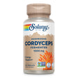 Das Bild zeigt eine Flasche des Nahrungsergänzungsmittels Solaray Cordyceps. Die Flasche ist beige mit einem bunten Logo und enthält 60 vegetarische Kapseln mit fermentierten Cordyceps-Pilzen, 1000 mg. Auf dem Etikett sind Hinweise wie 'Energy Support', 'Non-GMO' und 'Lab Verified' zu sehen.