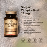 Ein Glasbehälter mit der Aufschrift 'Solgar Zinkpicolinat 22 mg' steht auf einer Oberfläche. Neben dem Behälter sind Textinformationen aufgelistet, die die Vorteile des Produkts beschreiben, wie Unterstützung der Immunbalance, starke Nägel, gepflegte Haut und volles Haar. Unten sind Symbole für vegan, glutenfrei, weizenfrei und sojafrei.