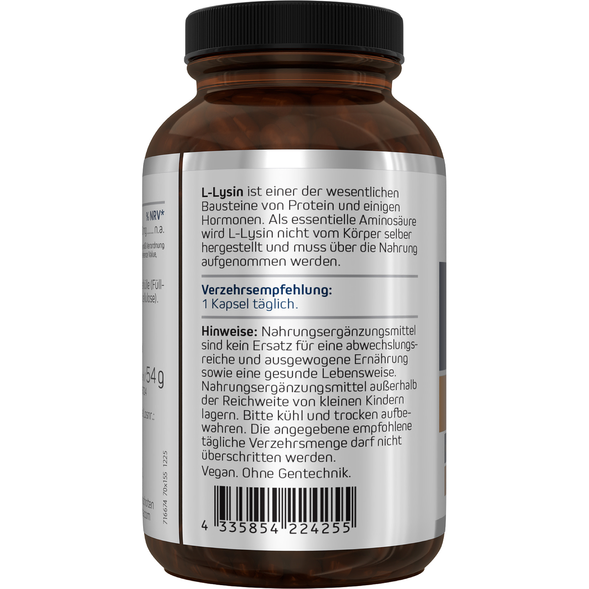Eine weiße Plastikflasche mit der Aufschrift 'L-Lysin 500 mg' von American Biologics. Die Flasche enthält 90 Kapseln eines Nahrungsergänzungsmittels. Auf dem Etikett sind Informationen wie 'Vegan' und 'Non GMO' zu sehen. Zwei Kapseln liegen vor der Flasche.
