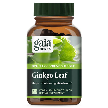 Das Bild zeigt eine Flasche der Marke Gaia Herbs mit der Aufschrift 'Ginkgo Leaf'. Die Flasche ist braun mit einem grünen Deckel. Auf dem Etikett stehen die Worte 'Brain & Cognitive Support' und 'Helps maintain cognitive health'. Es sind 60 vegane Flüssigkapseln enthalten.