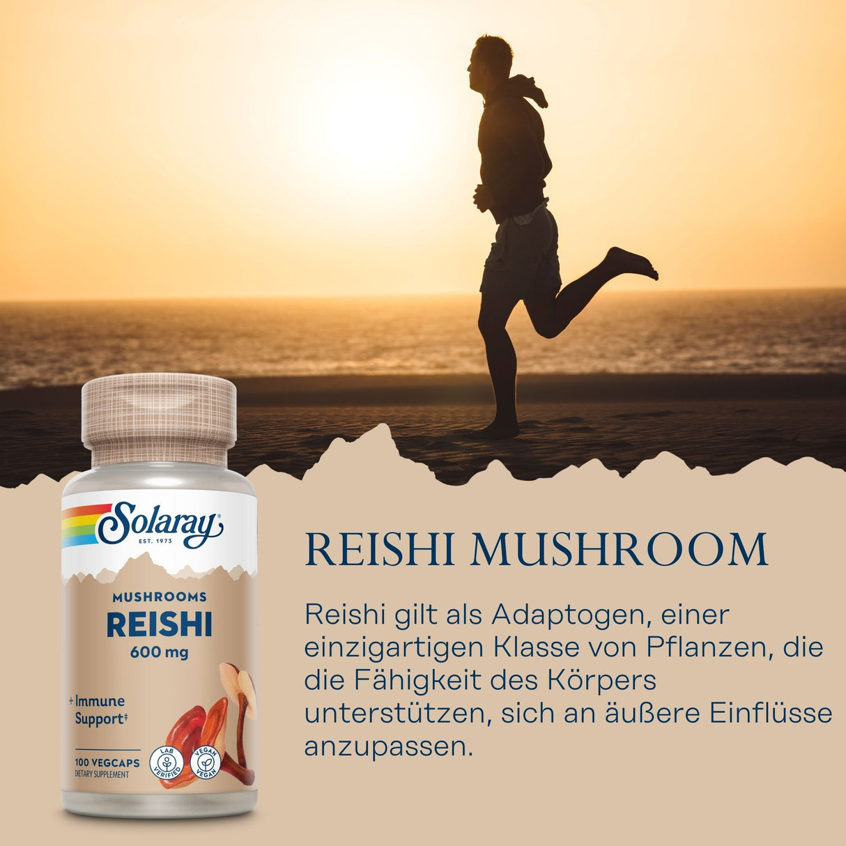 Werbung für Solaray Reishi Pilz-Ergänzungsmittel mit 600 mg. Ein Mann läuft am Strand bei Sonnenuntergang. Text über die Vorteile von Adaptogenen.