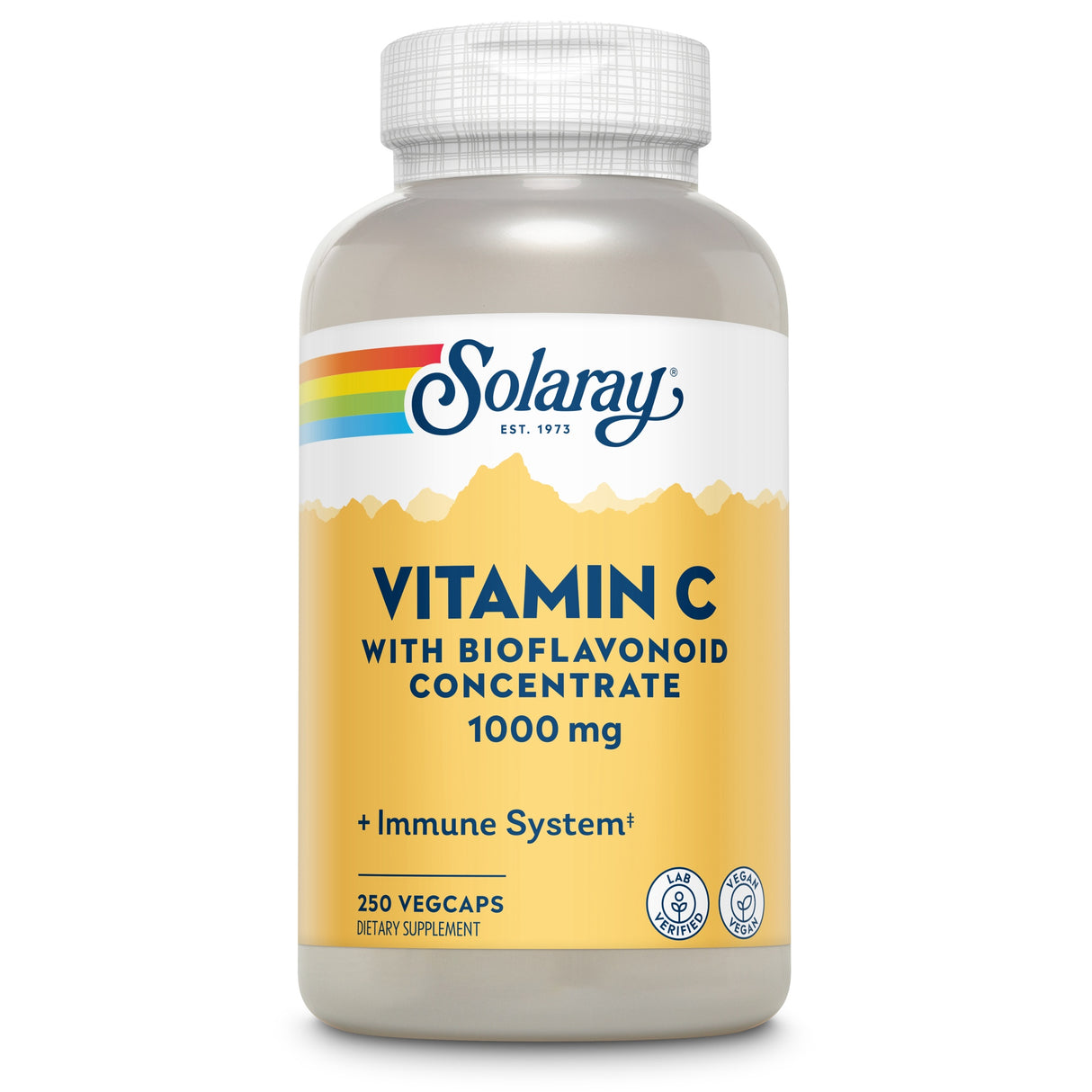 Vitamin C Nahrungsergänzungsmittel mit Bioflavonoid, 1000 mg, 250 vegane Kapseln in einer Plastikflasche.