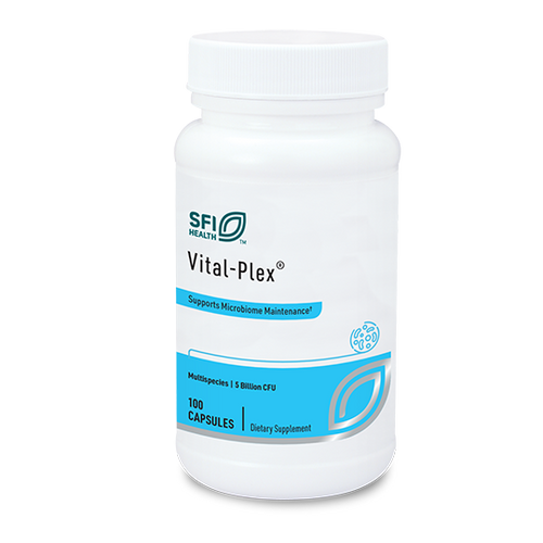Eine weiße Plastikflasche mit blauem Etikett, auf dem "SFI Health Vital-Plex" steht. Darunter steht "Supports Microbiome Maintenance". Die Flasche enthält 100 Kapseln und ist ein Nahrungsergänzungsmittel.
