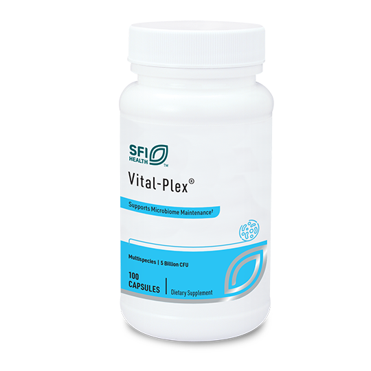 Eine weiße Plastikflasche mit blauem Etikett, auf dem "SFI Health Vital-Plex" steht. Darunter steht "Supports Microbiome Maintenance". Die Flasche enthält 100 Kapseln und ist ein Nahrungsergänzungsmittel.