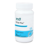 Eine weiße Plastikflasche mit blauem Etikett, auf dem "SFI Health Vital-Plex" steht. Darunter steht "Supports Microbiome Maintenance". Die Flasche enthält 100 Kapseln und ist ein Nahrungsergänzungsmittel.