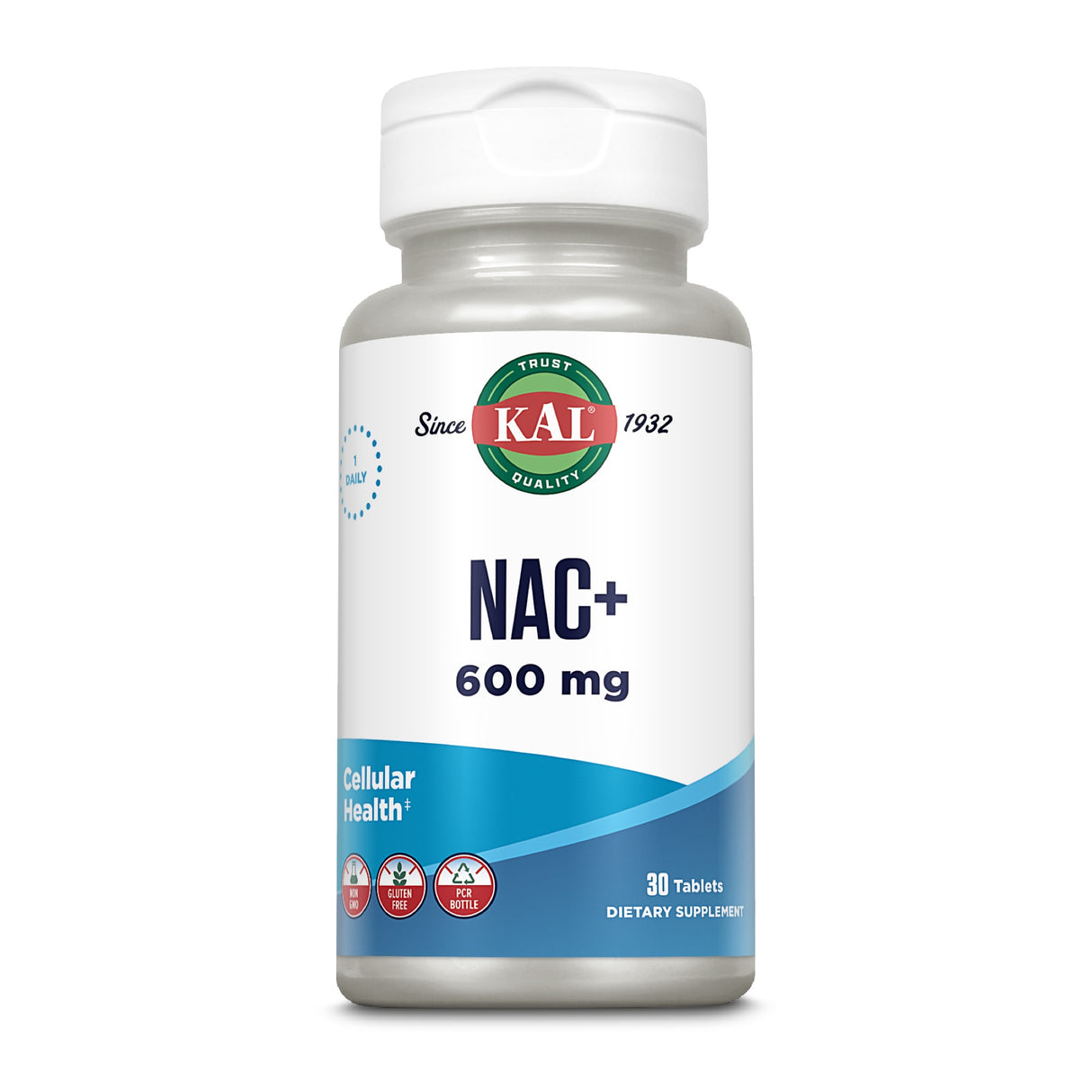 Flasche mit Nahrungsergänzungsmittel NAC+ 600 mg von KAL, 30 Tabletten, glutenfrei.