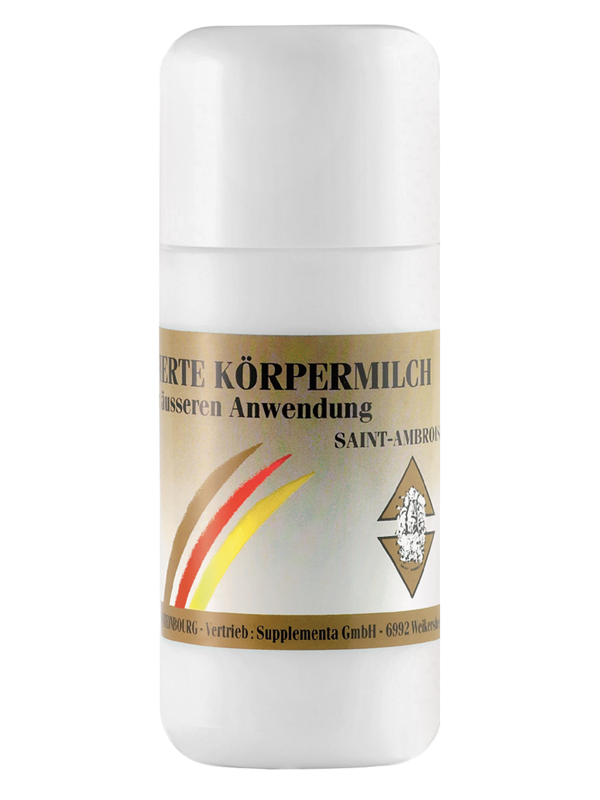 Weiße Flasche mit goldfarbenem Etikett, Aufschrift 'Körpermilch zur äußeren Anwendung', Markenname 'Saint-Ambros'.