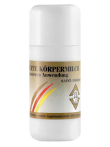 Weiße Flasche mit goldfarbenem Etikett, Aufschrift 'Körpermilch zur äußeren Anwendung', Markenname 'Saint-Ambros'.