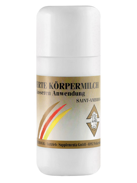 Weiße Flasche mit goldfarbenem Etikett, Aufschrift 'Körpermilch zur äußeren Anwendung', Markenname 'Saint-Ambros'.