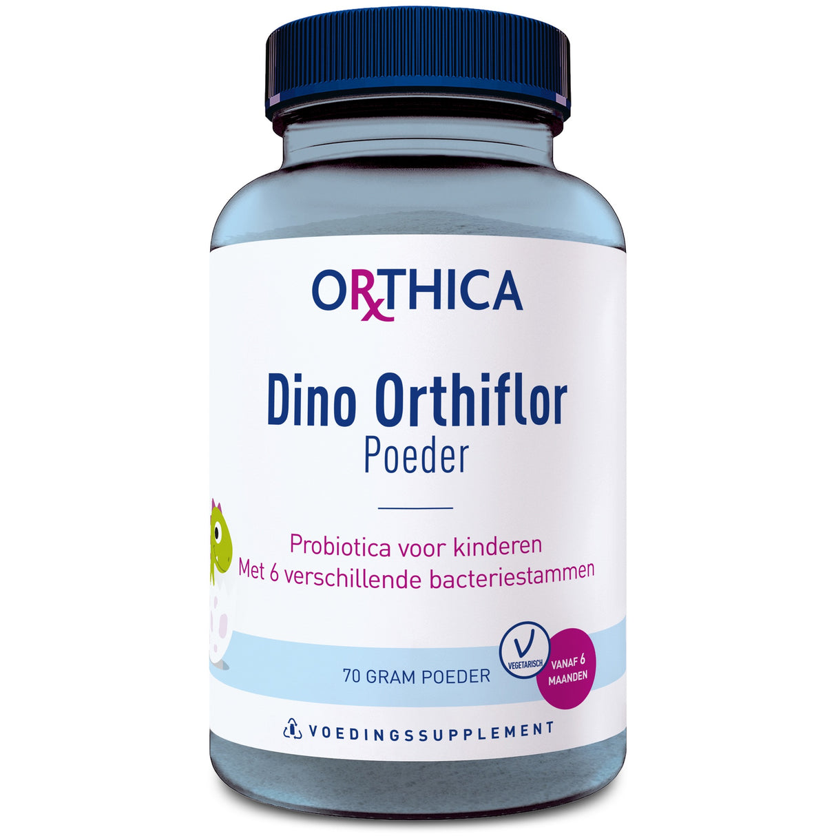 Eine Flasche mit dem Label 'Orthica Dino Orthiflor Poeder', ein Probiotikum für Kinder mit sechs verschiedenen Bakterienstämmen. Das Etikett zeigt ein Dino-Design und die Flasche enthält 70 Gramm Pulver. Das Produkt ist für Kinder ab 6 Monaten geeignet.