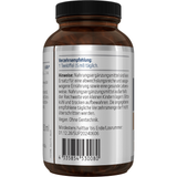 Eine braune Glasflasche mit schwarzem Deckel, beschriftet mit 'American Biologics Phosphatidylcholin'. Das Etikett zeigt Informationen über das Nahrungsergänzungsmittel, einschließlich 'vegan', 'non-GMO' und '150 ml'.
