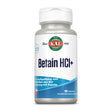 Eine weiße Plastikflasche mit einem weißen Schraubverschluss ist abgebildet. Auf dem Etikett steht 'KAL Betain HCl+' in großen blauen Buchstaben. Darunter befindet sich ein blauer Bereich mit der Aufschrift 'zur Aufspaltung von Eiweißen aus der Nahrung mit Pepsin'. Oben auf dem Etikett ist ein grünes Logo mit der Aufschrift 'KAL Since 1932'. Die Flasche enthält 100 Tabletten eines Nahrungsergänzungsmittels.