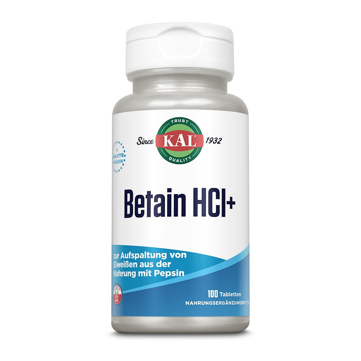 Eine weiße Plastikflasche mit einem weißen Schraubverschluss ist abgebildet. Auf dem Etikett steht 'KAL Betain HCl+' in großen blauen Buchstaben. Darunter befindet sich ein blauer Bereich mit der Aufschrift 'zur Aufspaltung von Eiweißen aus der Nahrung mit Pepsin'. Oben auf dem Etikett ist ein grünes Logo mit der Aufschrift 'KAL Since 1932'. Die Flasche enthält 100 Tabletten eines Nahrungsergänzungsmittels.