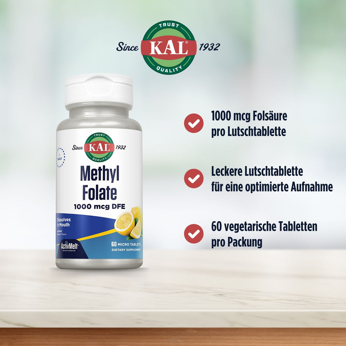 KAL Methyl Folate Flasche auf Tisch, 1000 mcg Folsäure pro Lutschtablette, 60 vegetarische Tabletten, leckere Lutschtablette für optimierte Aufnahme.