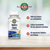 KAL Methyl Folate Flasche auf Tisch, 1000 mcg Folsäure pro Lutschtablette, 60 vegetarische Tabletten, leckere Lutschtablette für optimierte Aufnahme.