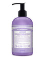 Das Bild zeigt eine Flasche Dr. Bronner's Lavender Organic Sugar Soap. Die Flasche ist lila und hat einen schwarzen Pumpverschluss. Auf der Vorderseite sind Produktinformationen und Inhaltsstoffe in englischer Sprache aufgedruckt. Die Seife ist biologisch und fair gehandelt, geeignet für Hände, Gesicht, Körper und Haare. Das Volumen beträgt 355 ml.