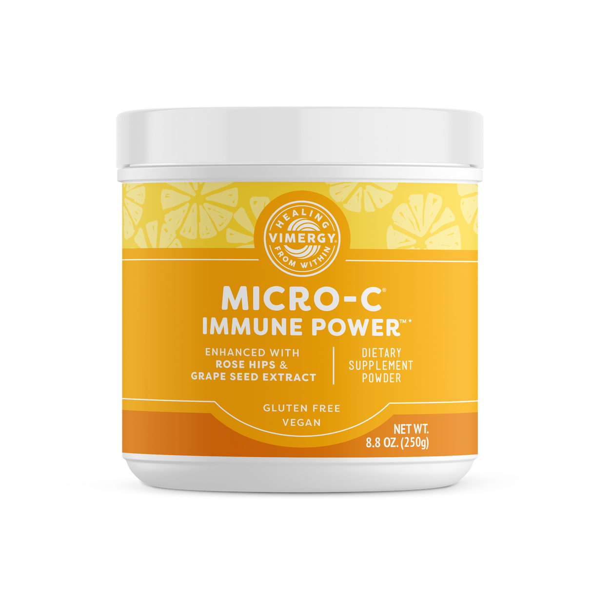 Das Bild zeigt ein Nahrungsergänzungsmittel namens "Micro-C Immune Power" von Vimergy. Es ist in einem gelben Behälter mit der Aufschrift "Enhanced with Rose Hips & Grape Seed Extract". Es ist glutenfrei und vegan. Das Nettogewicht beträgt 250g.