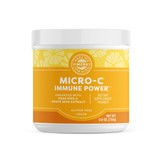 Das Bild zeigt ein Nahrungsergänzungsmittel namens "Micro-C Immune Power" von Vimergy. Es ist in einem gelben Behälter mit der Aufschrift "Enhanced with Rose Hips & Grape Seed Extract". Es ist glutenfrei und vegan. Das Nettogewicht beträgt 250g.