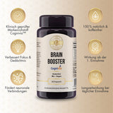 Etikett eines Nahrungsergänzungsmittels namens Brain Booster. Das Produkt enthält 90 Kapseln und ist glutenfrei, bio und vegan. Es enthält Salbei-Blattextrakt, Akazienfaser und ätherisches Öl des Spanischen Salbeis. Hersteller ist Supplementa B.V. in den Niederlanden. Das Etikett gibt Nährstoffangaben und Hinweise zur Anwendung. Es wird empfohlen, täglich eine Kapsel mit Wasser einzunehmen. Das Produkt ist gentechnikfrei und fördert die Gedächtnisleistung. Mindesthaltbarkeit und weitere Informationen sind a