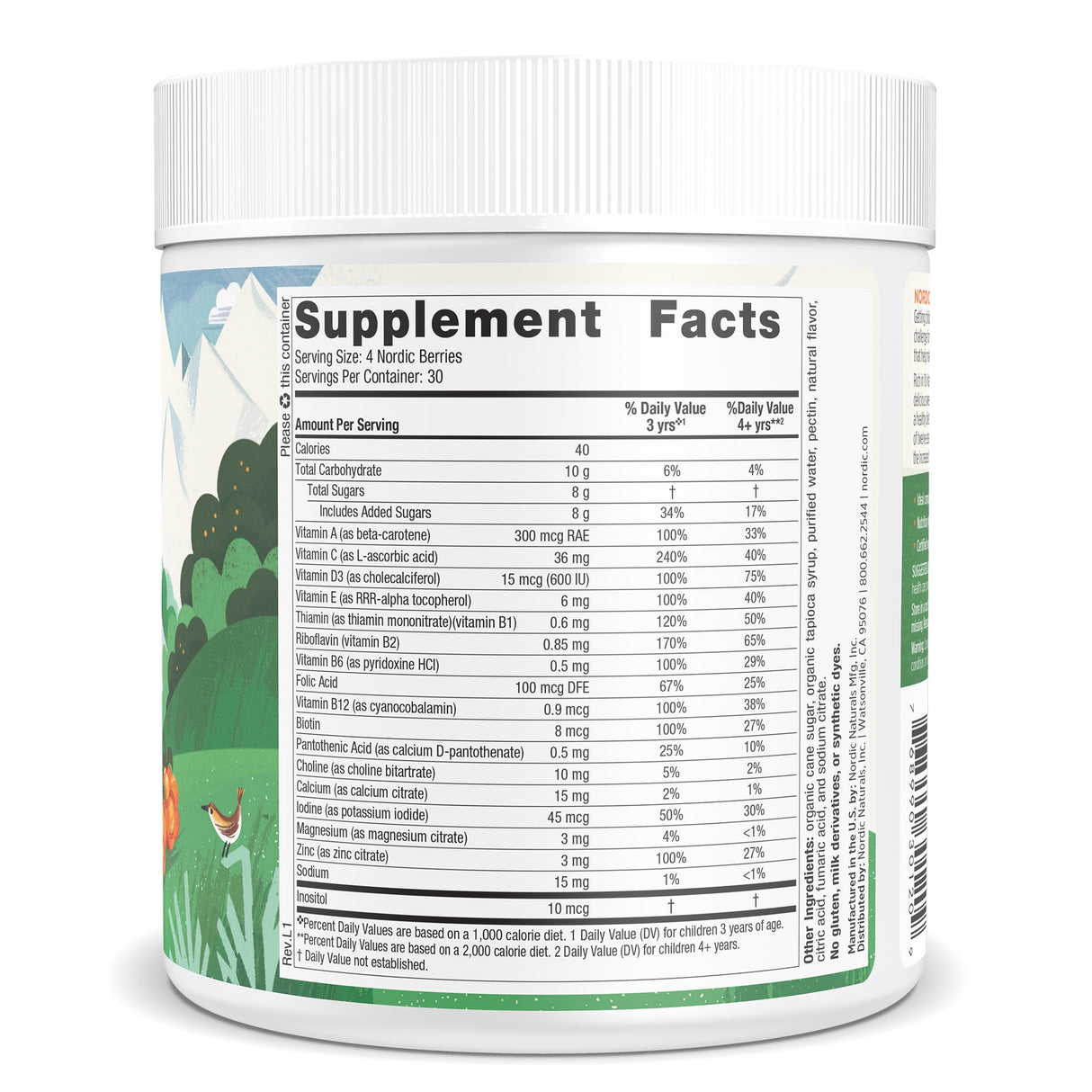 Ein Etikett mit Nahrungsergänzungsfakten, das Nährwerte und Inhaltsstoffe für nordische Beeren zeigt. Enthält Vitamine, Mineralien und Zuckerangaben.