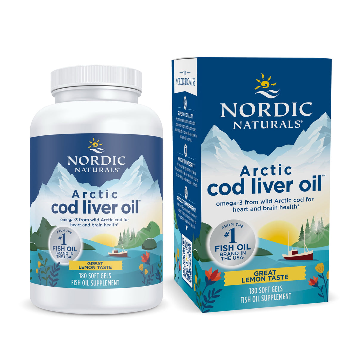 Das Bild zeigt eine Flasche und eine Verpackung von Nordic Naturals Arctic Cod Liver Oil. Die Flasche ist weiß mit einem blauen Etikett, das eine Berglandschaft zeigt. Die Verpackung hat ein ähnliches Design mit einem QR-Code an der Seite. Beide Produkte sind für die Unterstützung von Herz- und Gehirngesundheit durch Omega-3-Fettsäuren aus wildem arktischem Kabeljau. Die Aufschrift auf der Verpackung betont den Zitronengeschmack und die Herkunft als Fischölmarke Nr. 1 in den USA.