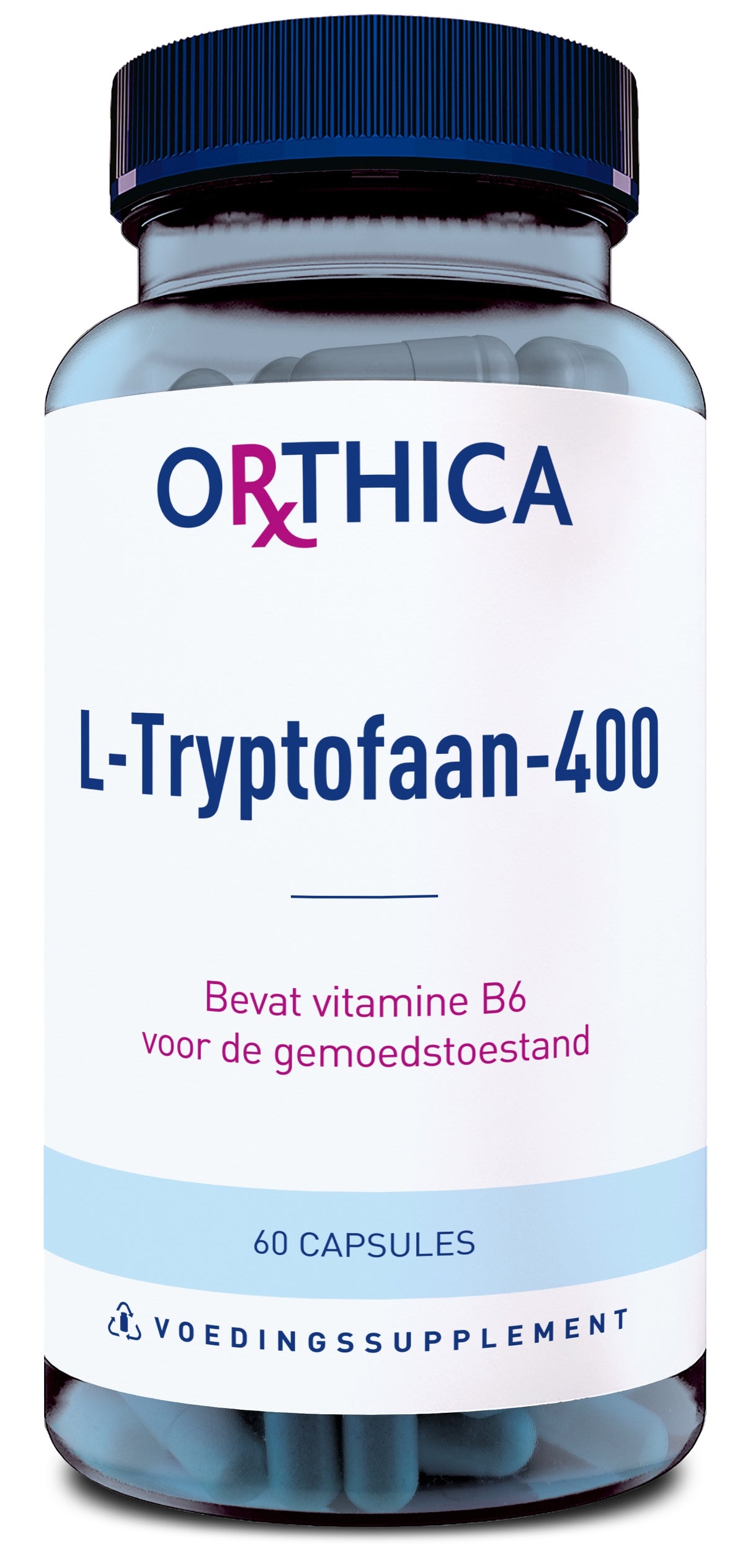 Eine Flasche mit dem Etikett 'Orthica L-Tryptofaan-400'. Die Flasche enthält 60 Kapseln. Auf dem Etikett steht, dass das Produkt Vitamin B6 für die Gemütsverfassung enthält. Die Flasche hat einen blauen Deckel.