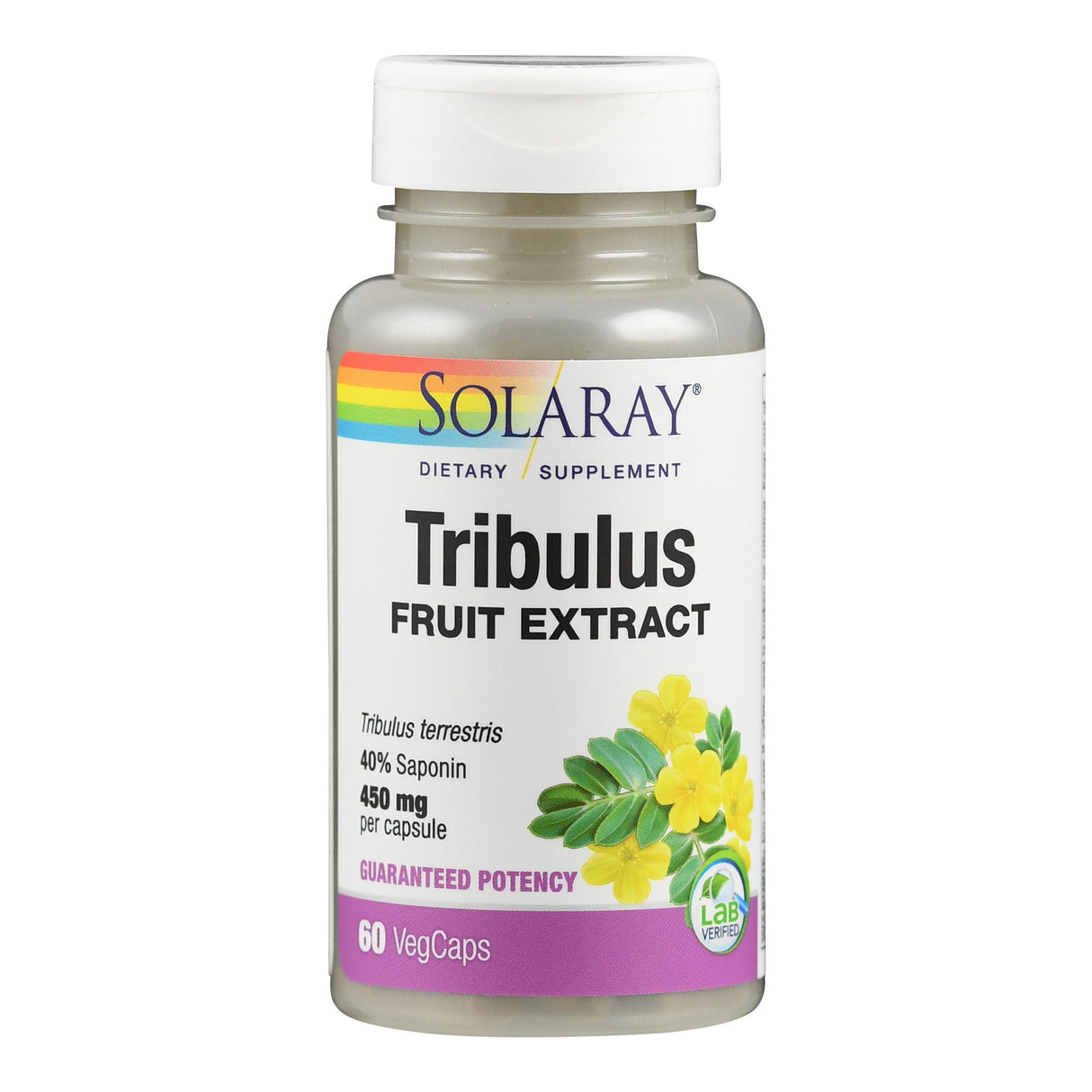 Das Bild zeigt eine Flasche mit dem Nahrungsergänzungsmittel "Tribulus Fruit Extract" von der Marke Solaray. Die Flasche ist weiß mit einem Regenbogenstreifen oben und enthält 60 VegCaps. Auf dem Etikett sind Informationen zu Inhaltsstoffen wie 40% Saponin und 450 mg pro Kapsel angegeben. Unten ist ein gelbes Blumenbild und ein "Lab Verified"-Siegel zu sehen.