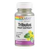Das Bild zeigt eine Flasche mit dem Nahrungsergänzungsmittel "Tribulus Fruit Extract" von der Marke Solaray. Die Flasche ist weiß mit einem Regenbogenstreifen oben und enthält 60 VegCaps. Auf dem Etikett sind Informationen zu Inhaltsstoffen wie 40% Saponin und 450 mg pro Kapsel angegeben. Unten ist ein gelbes Blumenbild und ein "Lab Verified"-Siegel zu sehen.