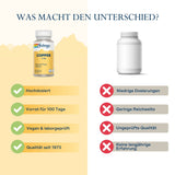 Das Bild zeigt einen Vergleich zwischen zwei Nahrungsergänzungsmitteln. Links ist eine Flasche mit dem Etikett 'Solaray Copper 2 mg', die als hochdosiert, für 100 Tage ausreichend, vegan und laborgeprüft sowie qualitativ seit 1973 beschrieben wird. Rechts ist eine unbeschriftete Flasche mit negativen Attributen: niedrige Dosierungen, geringe Reichweite, ungeprüfte Qualität und keine langjährige Erfahrung. Der Hintergrund ist zweigeteilt, links in Gelb und rechts in Weiß.