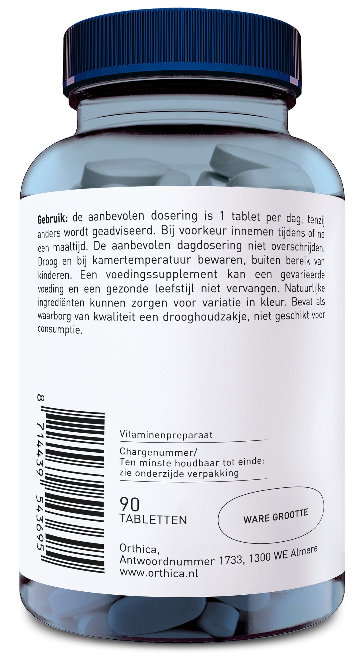 Eine durchsichtige Plastikflasche mit blauem Deckel, gefüllt mit weißen Tabletten. Auf dem Etikett stehen Dosierungsanweisungen und Herstellerinformationen in niederländischer Sprache. Die Flasche enthält 90 Tabletten und ist von der Marke Orthica. Ein Barcode und eine Webseite sind ebenfalls sichtbar.