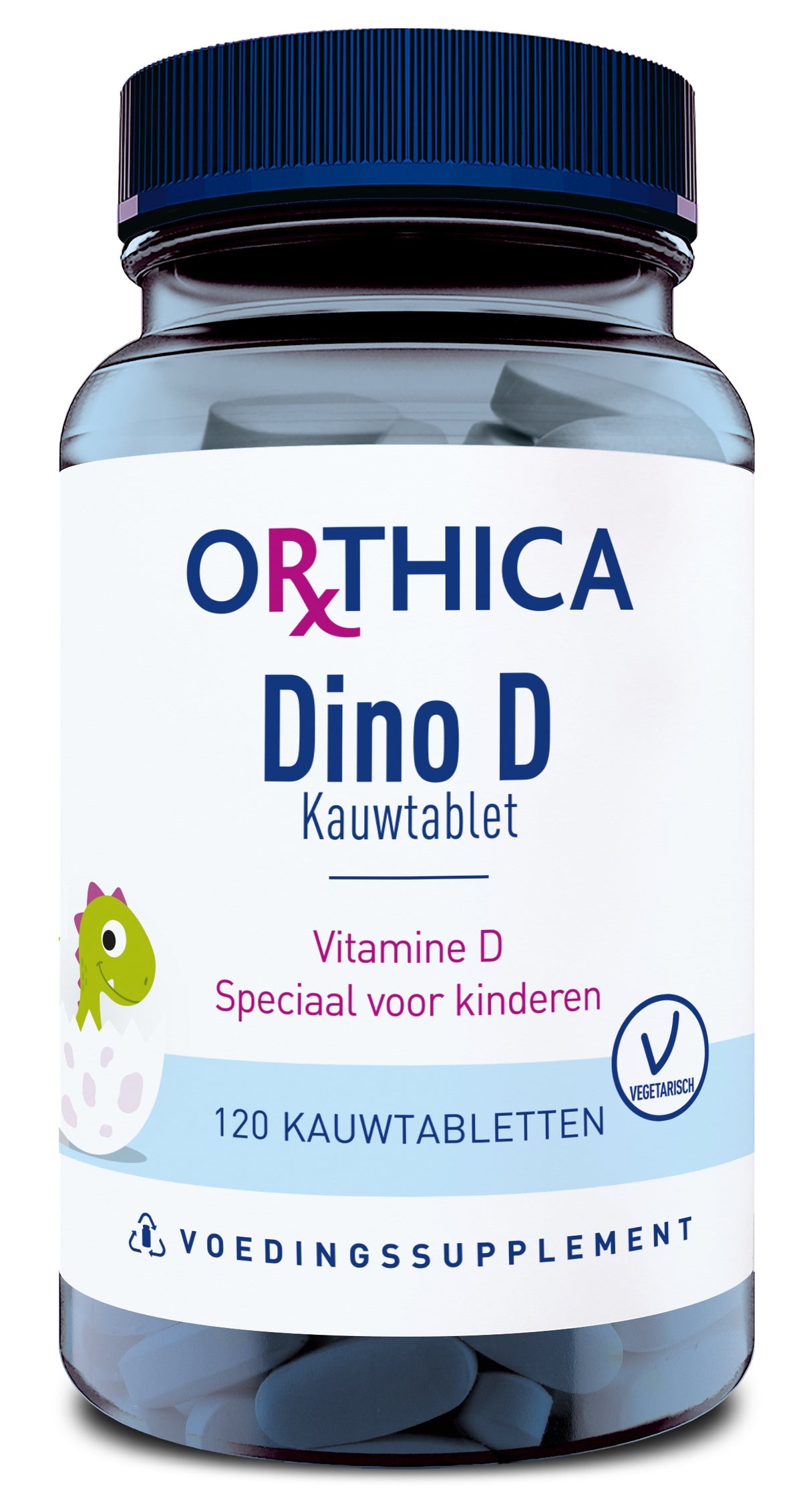 Eine Plastikflasche mit blauen Deckel und blau-weißer Etikettierung. Auf dem Etikett steht "Orthica Dino D Kauwtablet" und "Vitamine D Speciaal voor kinderen". Ein grüner Dinosaurier ist abgebildet. Die Flasche enthält 120 Kautabletten.