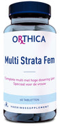 Eine blaue Flasche mit einem weißen Etikett, das den Text "ORTHICA Multi Strata Fem" zeigt. Darunter steht "Complete multi met hoge dosering ijzer Speciaal voor de vrouw". Die Flasche enthält 60 Tabletten und ist als Nahrungsergänzungsmittel gekennzeichnet.
