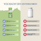 Das Bild zeigt einen Vergleich zwischen zwei Nahrungsergänzungsmitteln. Links eine grüne Flasche von Solaray mit dem Etikett 'Oil of Oregano 150 mg', rechts eine neutrale weiße Flasche. Text unter der Solaray-Flasche: 'Sehr gut verträglich', 'Vorrat für 2 Monate', 'Vegan & laborgeprüft', 'Qualität seit 1973'. Text unter der weißen Flasche: 'Zu stark konzentriert', 'Geringe Reichweite', 'Ungeprüfte Qualität', 'Keine langjährige Erfahrung'. Überschrift: 'Was macht den Unterschied?'.