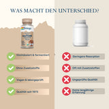 Das Bild zeigt einen Vergleich zwischen zwei Nahrungsergänzungsmitteln. Links ist eine Flasche Solaray Maitake Fermented 1000 mg mit Checklisten: hochdosiert & fermentiert, ohne Zusatzstoffe, vegan & laborgeprüft, Qualität seit 1973. Rechts eine anonyme Flasche mit roten Kreuzen: geringere Resorption, oft mit Zusatzstoffen, ungeprüfte Qualität, keine langjährige Erfahrung. Der Hintergrund ist beige, der Text oben fragt: "Was macht den Unterschied?".
