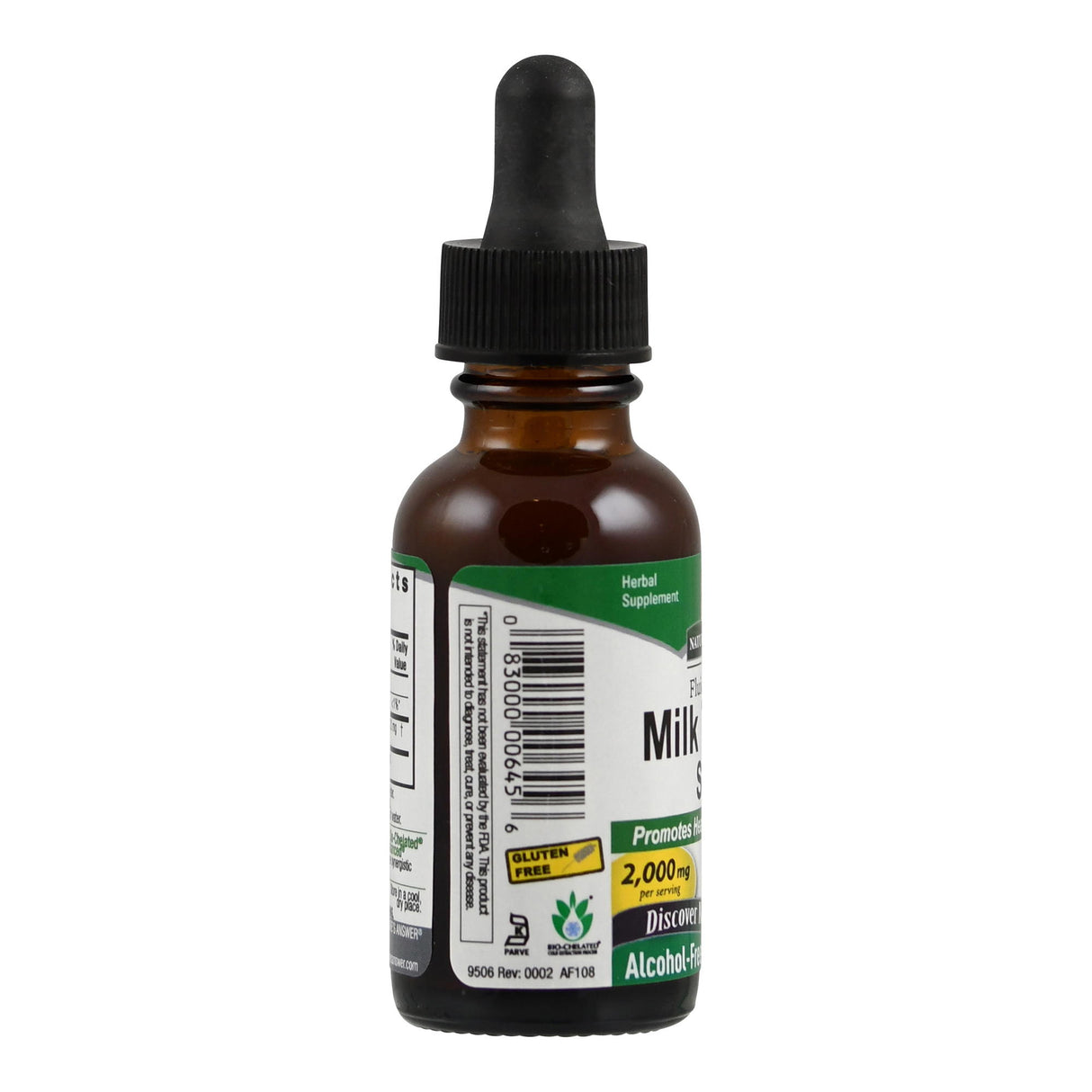 Das Bild zeigt eine braune Glasflasche mit Pipette, die ein Nahrungsergänzungsmittel enthält. Das Etikett zeigt Informationen wie 'Milk Thistle Seed' und '2000 mg'. Die Flasche ist alkoholfrei und glutenfrei.