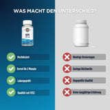 Das Bild zeigt einen Vergleich zwischen zwei Nahrungsergänzungsmitteln. Links ist eine Flasche DLPA 750 mg von KAL mit Vorteilen wie Hochdosierung und Laborprüfung. Rechts ist eine unbeschriftete Flasche mit Nachteilen wie niedrige Dosierung und ungeprüfte Qualität.