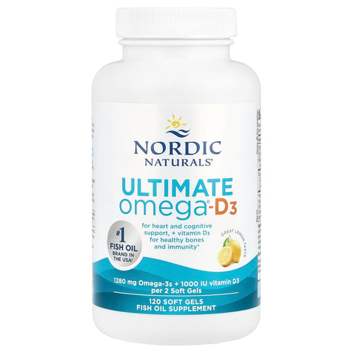 Flasche Nordic Naturals Ultimate Omega-D3 mit 120 Softgels. Enthält Omega-3 und Vitamin D3 für Herz, Gehirn, Knochen und Immunität.