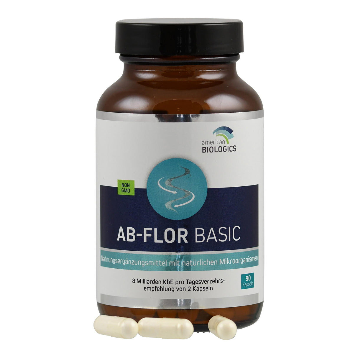 Eine braune Flasche mit einem weißen Etikett, auf dem "AB-FLOR BASIC" steht. Die Flasche enthält Nahrungsergänzungsmittel mit natürlichen Mikroorganismen. Auf dem Etikett ist auch "american BIOLOGICS" und "NON GMO" zu sehen. Drei Kapseln liegen vor der Flasche.