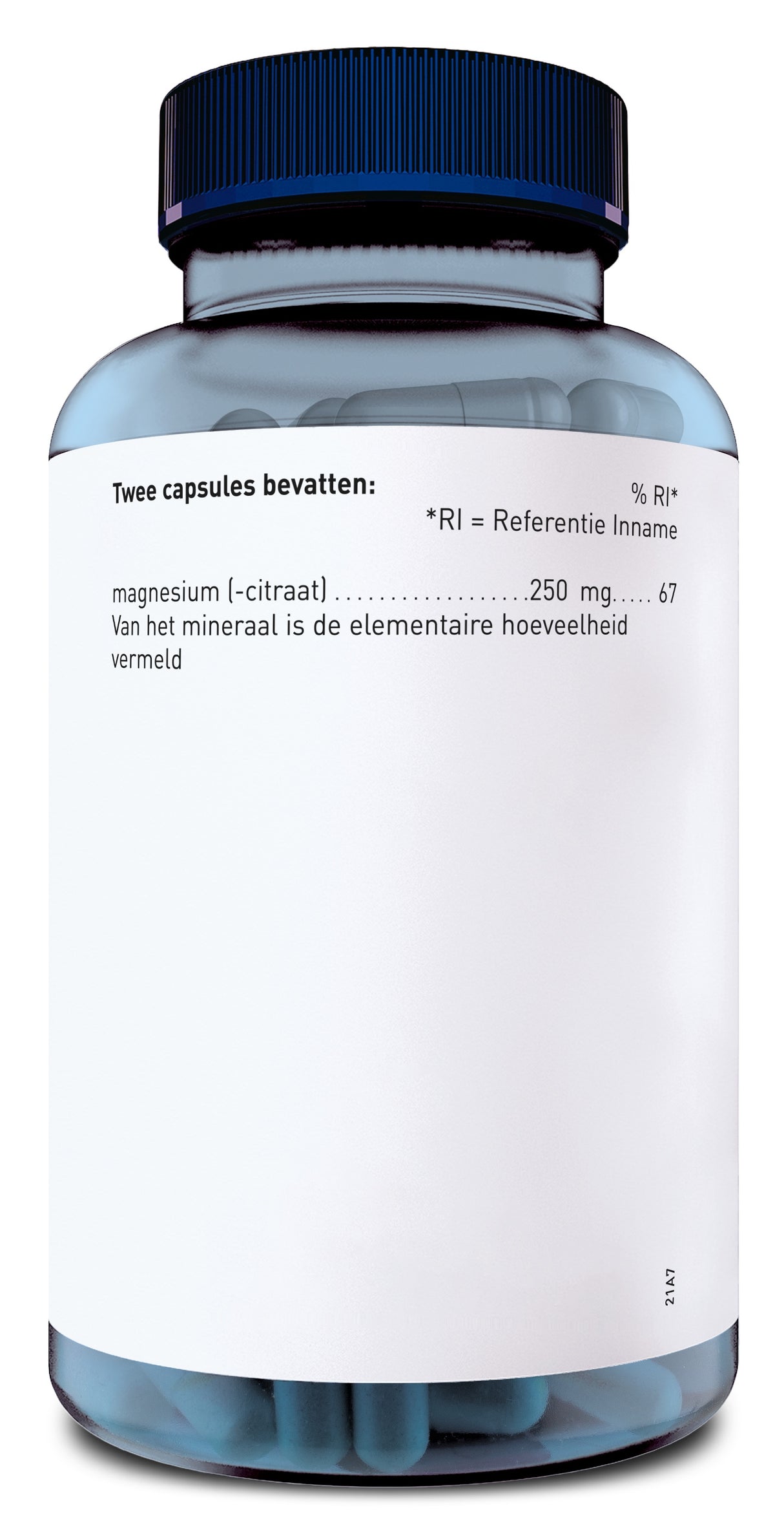 Eine Plastikflasche mit blauen Kapseln, die ein Magnesiumpräparat enthält. Auf dem Etikett stehen Dosierungsinformationen auf Niederländisch, die den Gehalt an Magnesiumcitrat angeben. Der Deckel ist dunkelblau.