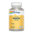 Eine Flasche Solaray Niacin 500 mg, 100 Vegcaps, mit gelbem Etikett und Regenbogenstreifen.