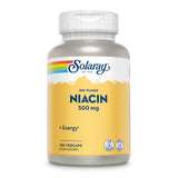Eine Flasche Solaray Niacin 500 mg, 100 Vegcaps, mit gelbem Etikett und Regenbogenstreifen.