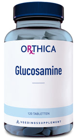 Eine durchsichtige Plastikflasche mit blauem Deckel, gefüllt mit Tabletten. Auf dem Etikett steht 'ORTHICA Glucosamine 120 Tabletten'.