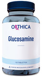 Eine durchsichtige Plastikflasche mit blauem Deckel, gefüllt mit Tabletten. Auf dem Etikett steht 'ORTHICA Glucosamine 120 Tabletten'.