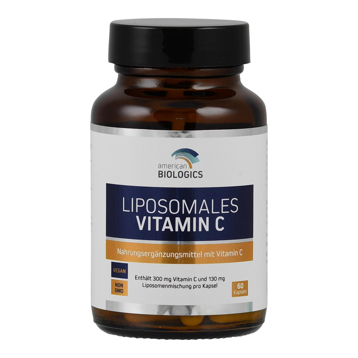 Eine braune Glasflasche mit schwarzem Deckel, etikettiert mit 'American Biologics Liposomales Vitamin C'. Das Etikett zeigt, dass es sich um ein Nahrungsergänzungsmittel handelt, vegan und gentechnikfrei ist und 60 Kapseln enthält. Enthält 300 mg Vitamin C und 130 mg Liposomenmischung pro Kapsel.