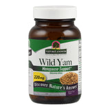 Das Bild zeigt eine braune Glasflasche mit weißem Deckel, die ein Nahrungsergänzungsmittel von Nature's Answer enthält. Auf dem Etikett steht 'Wild Yam Menopause Support', '220mg', '60 Vegetarian Capsules', 'Gluten-Free', 'Vegan'.